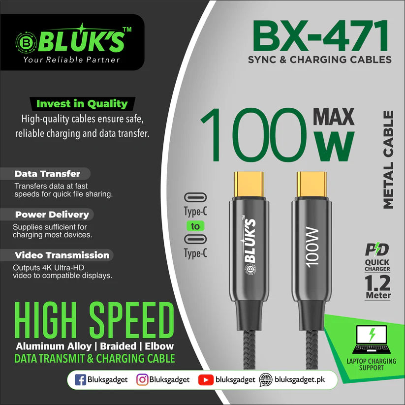BLUKS BX-471 100W Max Sync & Charging Cable | High-Speed USB & Data Transfer