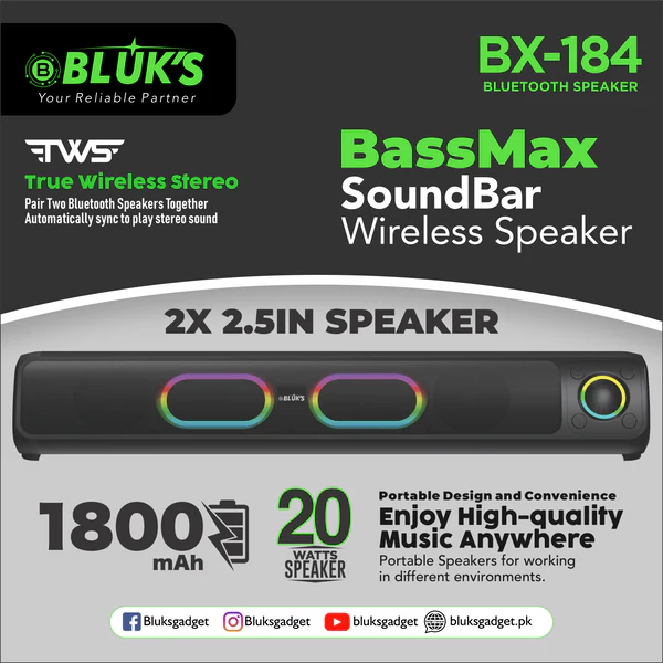 Bluks BX-184 BassMax SoundBar Wireless Speaker