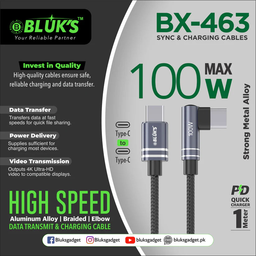 BLUKS BX-463 100W Max Sync & Charging Cable | High-Speed USB & Data Transfer