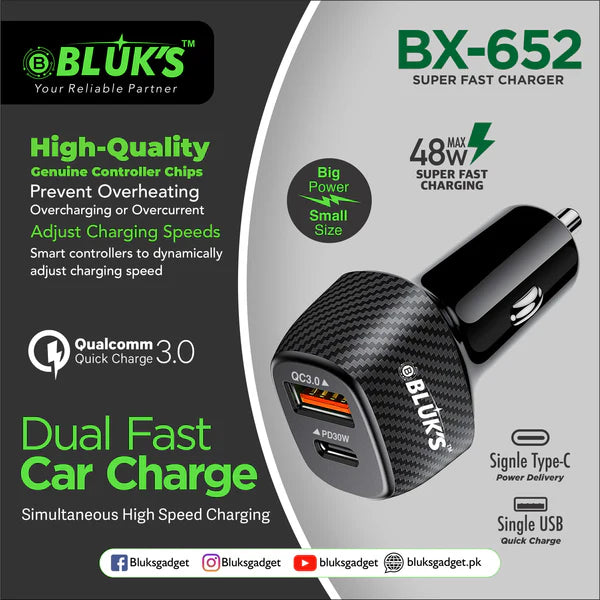 BLUKS BX-652 Dual Fast Car Charger 48W | Dual USB-C/USB-A Quick Charging