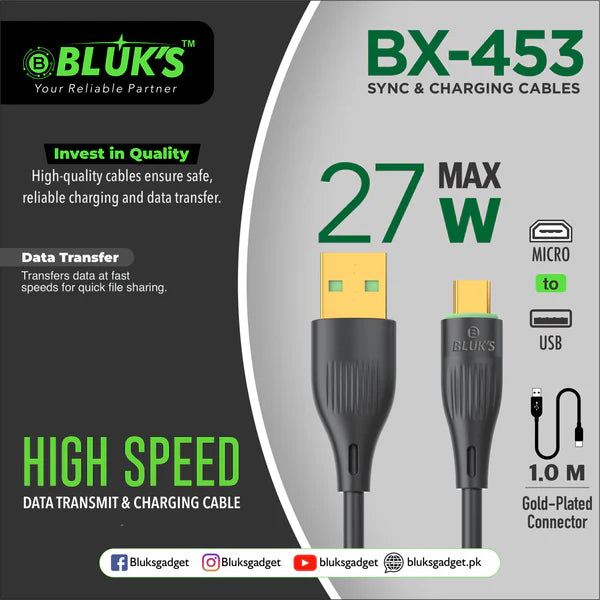 BLUKS BX-453 27W Max Sync & Charging Cable | Fast USB & Data Transfer