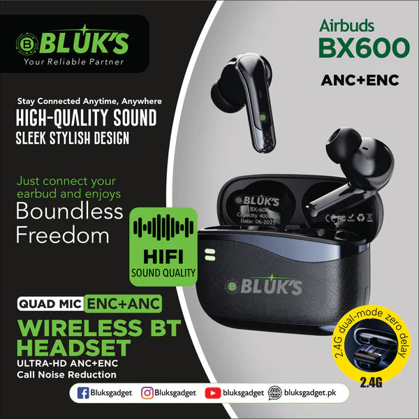 BLUKS BX-600 AirBuds | Quad-Mic ANC + ENC | Wireless Bluetooth + 2.4G Dongle