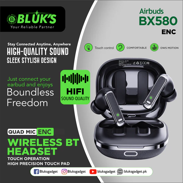 BLUKS BX-580 Wireless Headset | Quad-Mic ENC Noise Cancelling Bluetooth