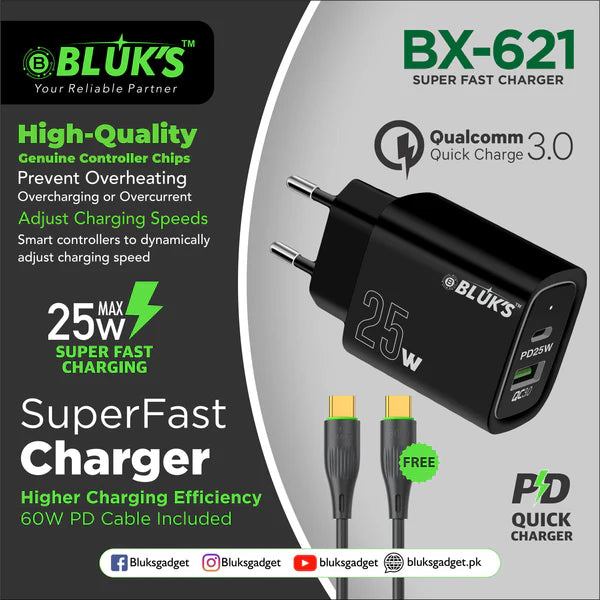 BLUKS BX-621 Charger 25W Type-C | Fast USB-C Wall Adapter