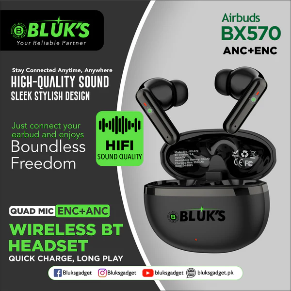 BLUKS BX-570 Wireless BT Headset | Quad-Mic ENC & ANC Noise Cancelling