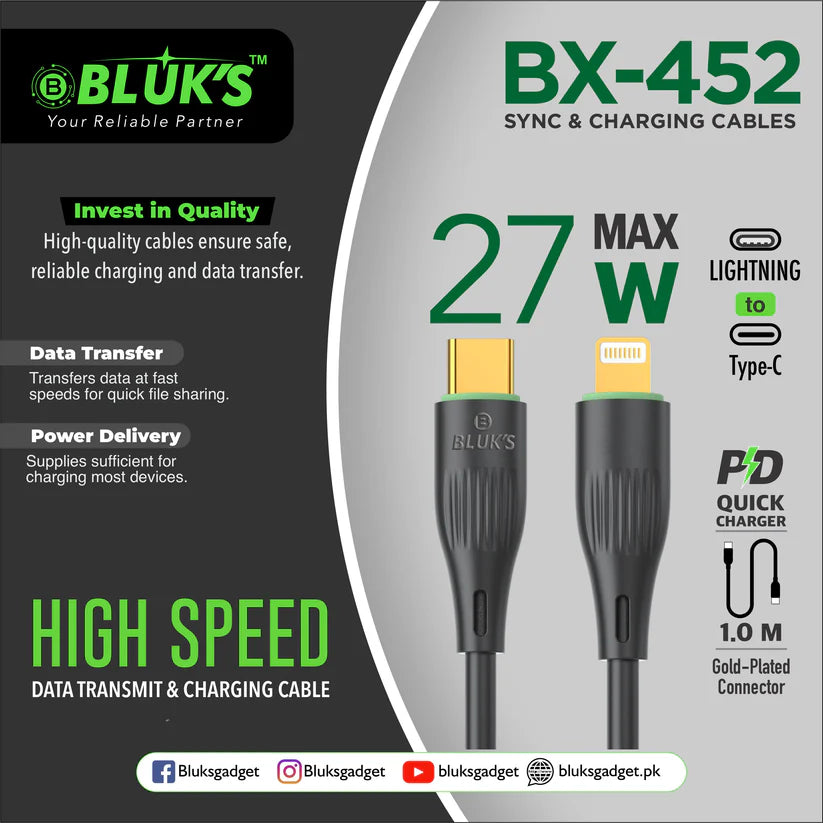BLUKS BX-452 27W Max Sync & Charging Cable | Fast USB & Data Transfer