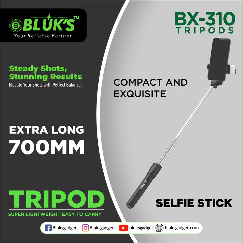 Bluks BX-310 Extra Long 700mm Selfie Stick + Tripod Stand