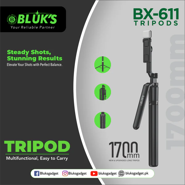 Bluks BX-611 Super Long 1700mm Selfie Stick + Tripod with Flash Light