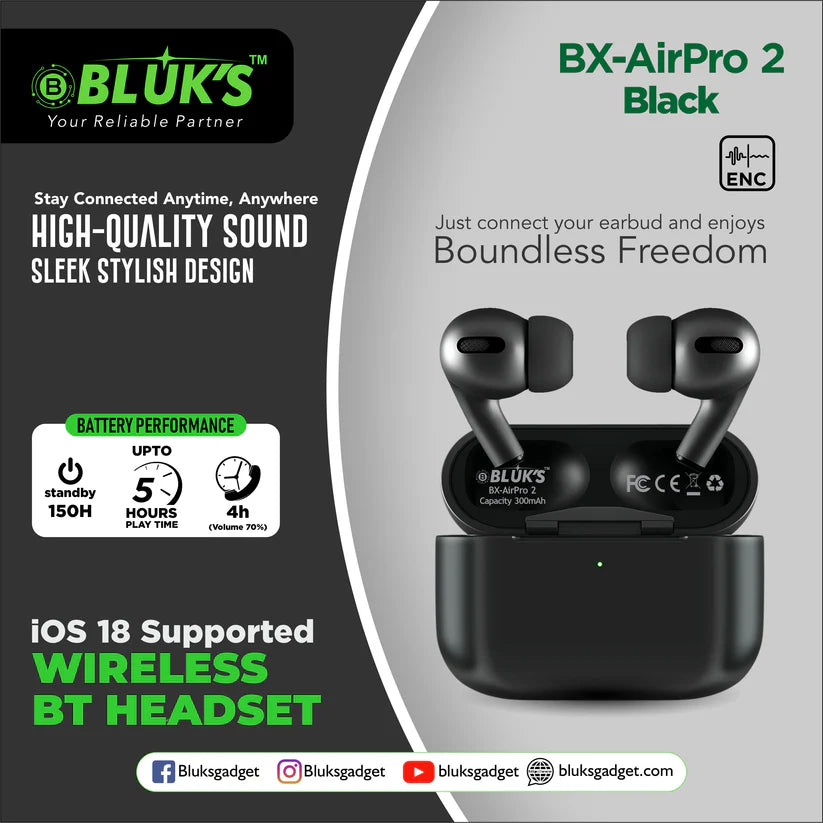 BLUKS BX-AirPro 2 Black | Wireless Bluetooth Earbuds with ENC