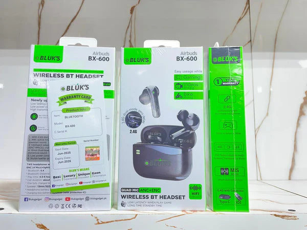 Bluks BX-600 Quad-Mic ANC + ENC AirBuds with 2.4G Dongle