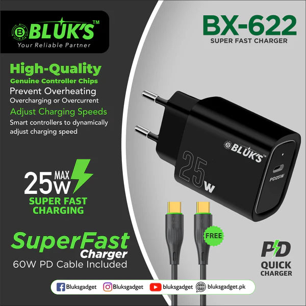 BLUKS BX-622 Super Fast Charger 25W Type-C | Quick USB-C Wall Adapter