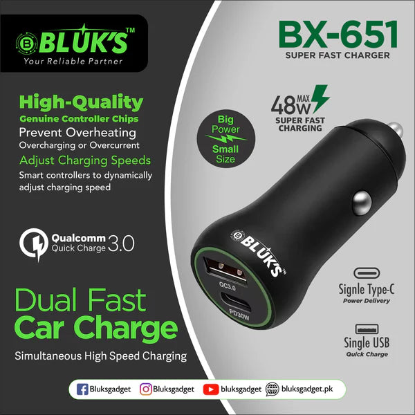 Bluks BX-651 Dual Fast Car Charge 48W