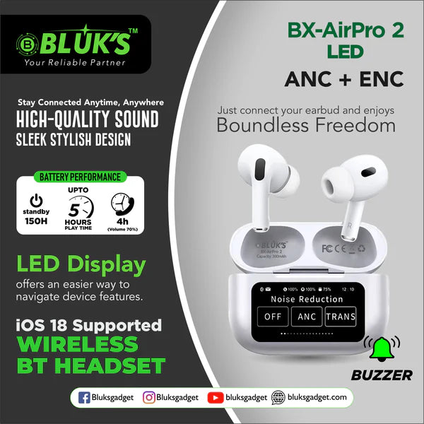 Bluks BX-AirPro 2 White ANC+ENC Working With Led Display